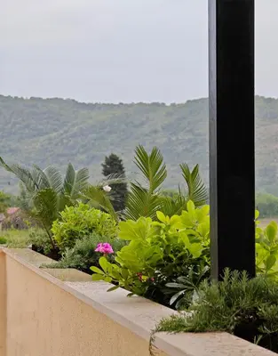 a garden with green plants and flowers on a balcony at Auto camp Matica in Podgorica