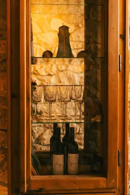 a cabinet with wine bottles and glasses in it at Auto camp Matica in Podgorica