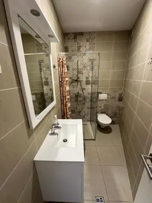a bathroom with a sink and a shower and a toilet at Studio Lemar in Budva