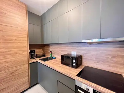 a kitchen with a sink and a microwave at White Homes 105 - Central Point in Podgorica