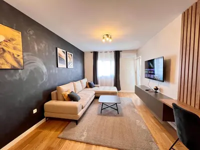 a living room with a couch and a tv at White Homes 105 - Central Point in Podgorica