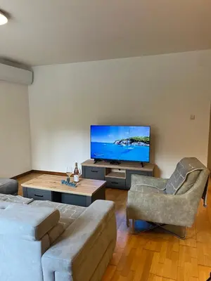 a living room with a large flat screen tv at Blue lagoon apartment Przno in Budva
