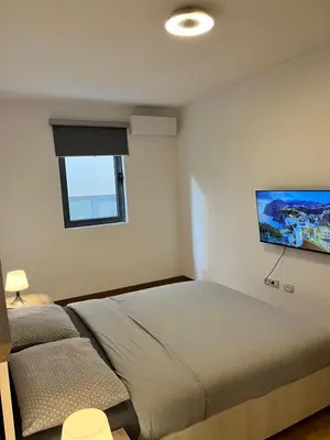a bedroom with a bed and a tv on the wall at Blue lagoon apartment Przno in Budva
