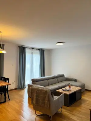 a living room with a couch and a table at Blue lagoon apartment Przno in Budva