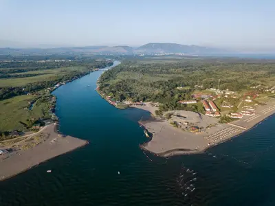 an aerial view of a river with a group of islands at Apartmen Donji Stoj in Donji Štoj