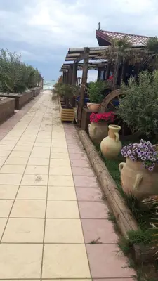 a walkway with pots of plants and flowers on it at Apartmen Donji Stoj in Donji Štoj
