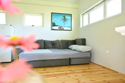 a bedroom with a couch in a room with windows at Tina in Cetinje