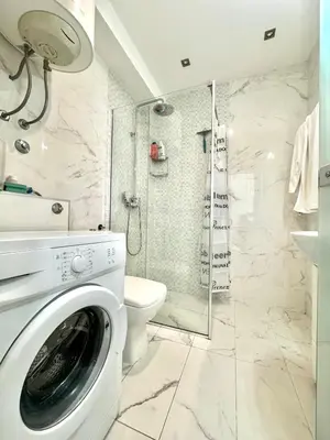 a washing machine in a bathroom with a shower at Ponta Nova One bedroom Apartment with Sea view in Budva
