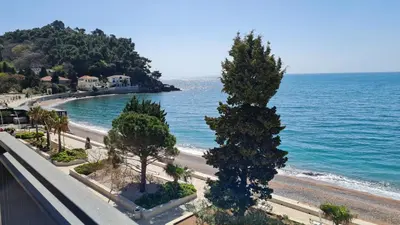 a view of a beach with trees and the ocean at La Vista Apartment in Petrovac na Moru