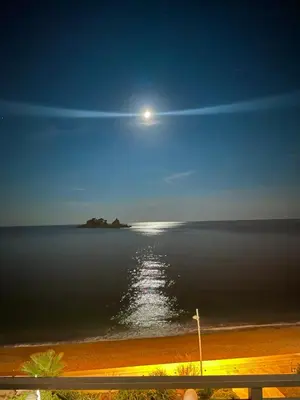 a view of the ocean at night with the moon at La Vista Apartment in Petrovac na Moru