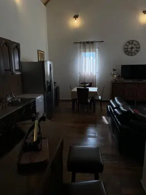 a living room with a couch and a kitchen with a table at Holiday House Korita in Podgorica