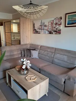 a living room with a couch and a coffee table at Holiday Home Apartment in Budva