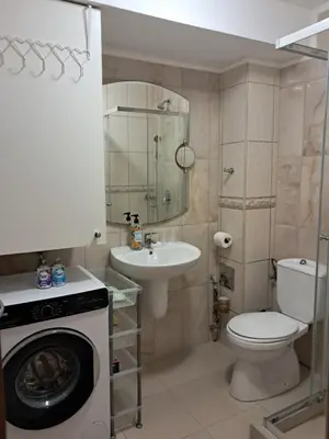a bathroom with a toilet a sink and a washing machine at Holiday Home Apartment in Budva