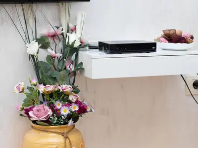 a vase filled with flowers sitting on a shelf at Apartment Kosta in Podgorica