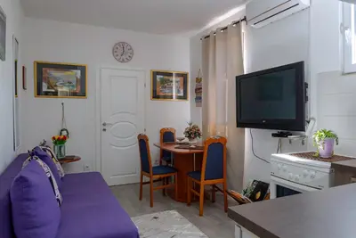 a living room with a couch and a table with a tv at Vila Apartmani Astoria in Podgorica