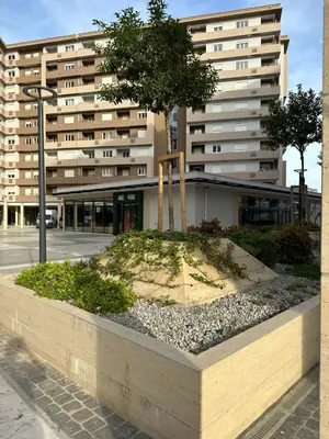a tree in front of a large building at Cozy 1bd apartment Central point-GARAGE available 5e per day in Podgorica