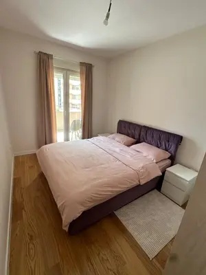 a bedroom with a large bed and a window at Cozy 1bd apartment Central point-GARAGE available 5e per day in Podgorica