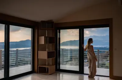a woman is looking out the window of a building at Villa Tivat Bay View in Kotor