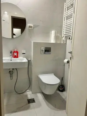 a white bathroom with a toilet and a sink at Comfort Central Point apartment in Podgorica