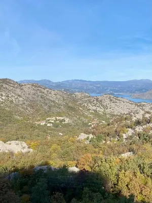 a view of a hill with trees and a lake at Skadar Lake House Nature Nest in Virpazar
