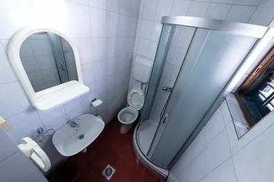 a bathroom with a toilet and a sink and a mirror at Apartments Vila Nikolić Rafailovići in Rafailovici