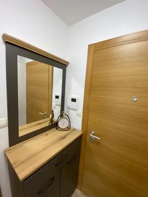 a bathroom with a mirror and a wooden door at Lux Apartment Meecoon Rafailovići in Rafailovici