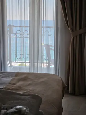 a cat laying on a bed in front of a window at Vienna Luxury Apartments in Dobra Voda