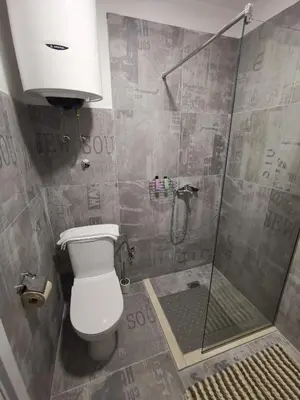 a bathroom with a shower with a toilet and a sink at In Apartments AirPort in Mitrovići