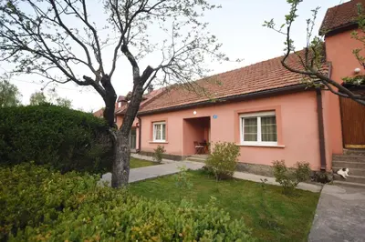 a pink house with a tree in the yard at Brick house in Cetinje