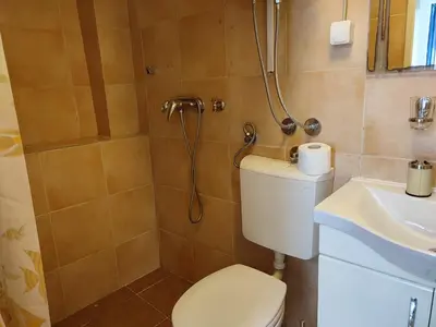 a bathroom with a shower and a toilet and a sink at Bay Mola Home in Kotor