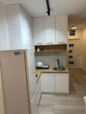 a kitchen with white cabinets and a sink at Petar Apartment in Podgorica
