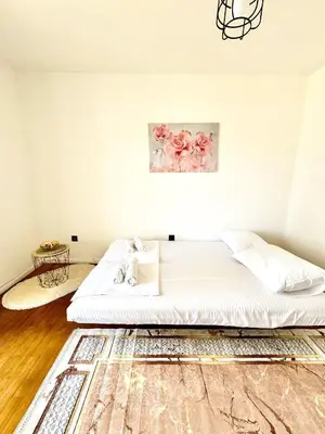 a bedroom with a bed with a painting on the wall at Mia Apartment in Budva