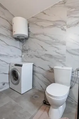 a bathroom with a toilet and a washing machine at Olive Grove in Bar