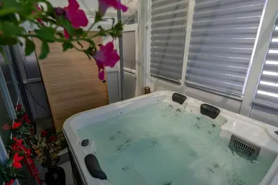 a bath tub in a room with a flower at Vila apartment Astorija 2 in Podgorica