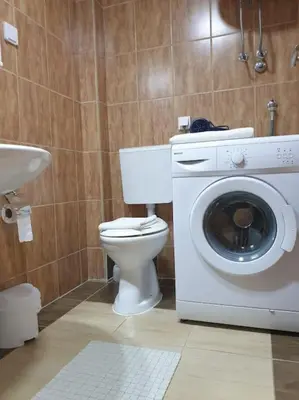 a bathroom with a toilet and a washing machine at Apartment with a garden Petrovac in Petrovac na Moru