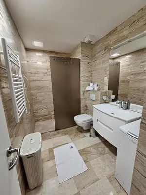 a bathroom with a toilet and a sink and a shower at Tecasi Lux Apartments in Budva
