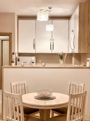 a kitchen with a table and chairs in a kitchen at Vanja apartment Przno in Budva