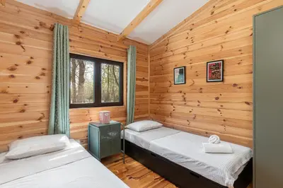 two beds in a cabin with wooden walls at Bel Assis in Ulcinj