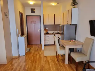 a kitchen with a table and chairs and a refrigerator at Studio apartment Vito in Podgorica