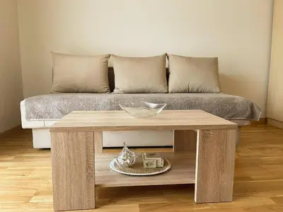 a coffee table with a couch in a living room at Studio apartment Vito in Podgorica