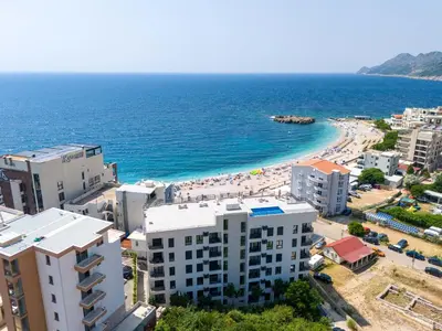 an aerial view of a beach and buildings at Skyline Apartments in Dobra Voda