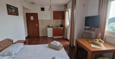 a room with a bed and a table and a kitchen at Evropa Lux Apartments in Budva