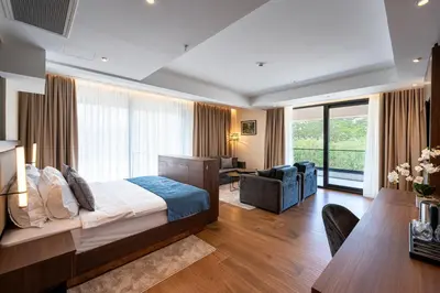 a bedroom with a bed and a desk and a couch at Hotel De‘Andros Virpazar in Virpazar