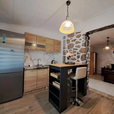 a kitchen with a refrigerator and a counter with a chair at Unique Apartment Centar in Podgorica