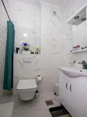 a white bathroom with a toilet and a sink at Apartment Ochsen in Ulcinj