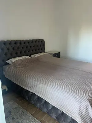a bedroom with a large bed with a gray headboard at Apartman Tara in Ulcinj