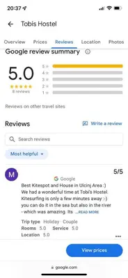 a screenshot of a cell phone showing a review window at Tobis hostel in Ulcinj