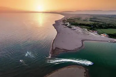 an aerial view of an island in the ocean at Tobis hostel in Ulcinj