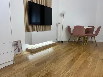a living room with a television and a table and chairs at Studio apartman Vivo Central in Podgorica