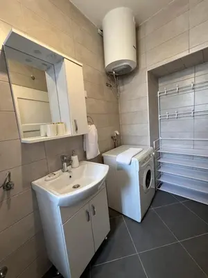 a bathroom with a sink and a washing machine at Old Capital in Cetinje